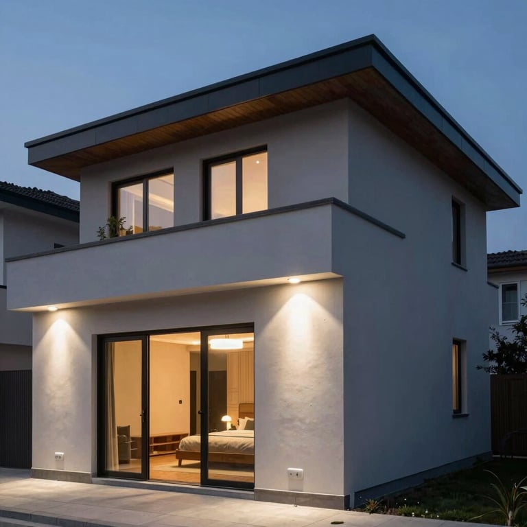 Modern house exterior at dusk with discreet mist white security lighting and sensors.