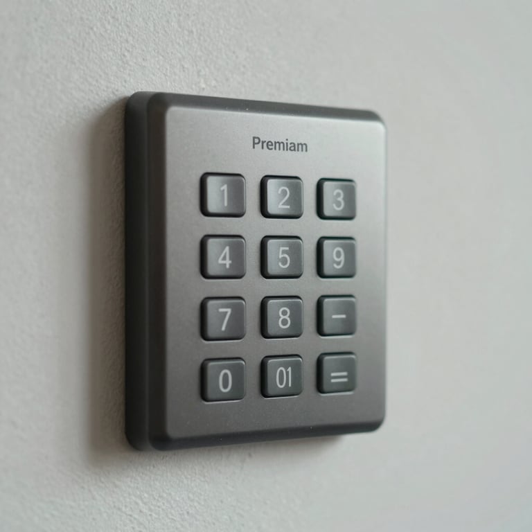 Close up of a premium alarm keypad in dark charcoal and silver on a mist white wall.