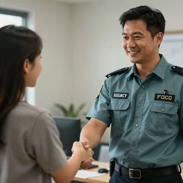 A friendly security technician in a muted teal shirt shaking hands with a homeowner.