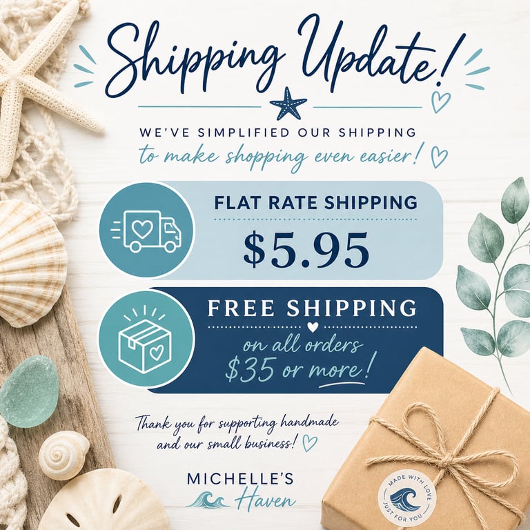 Michelle's Haven shipping update showing $5.95 flat rate and free shipping on orders over $35.
