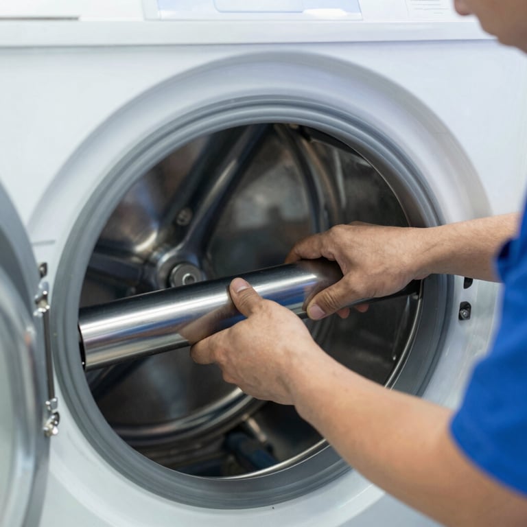 Close-up of a technician replacing a dryer drum roller inside a clean, well-lit workshop space, bright utility lighting.