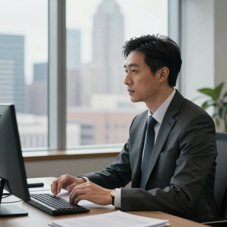 An executive in a light-filled office looking at a blurred financial district view through a window in a US city.