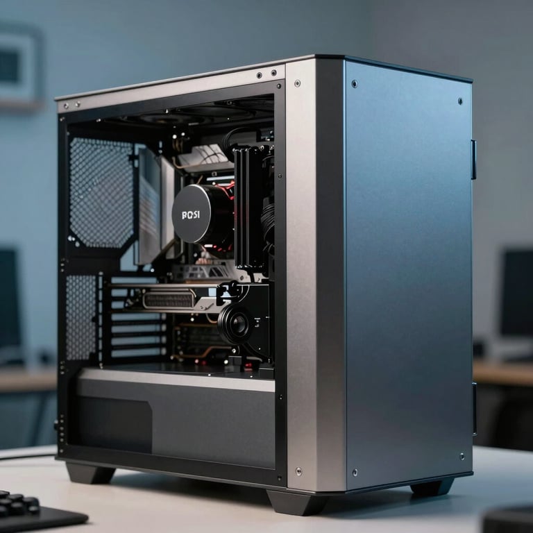 Close-up of a high-end metal computer case in a clean, modern workspace with soft Medium Blue lighting.