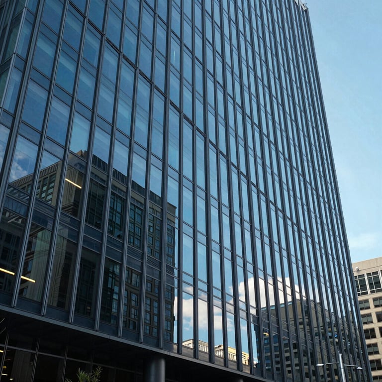 A modern office building with a glass facade reflecting a clear blue sky in a North American business hub.