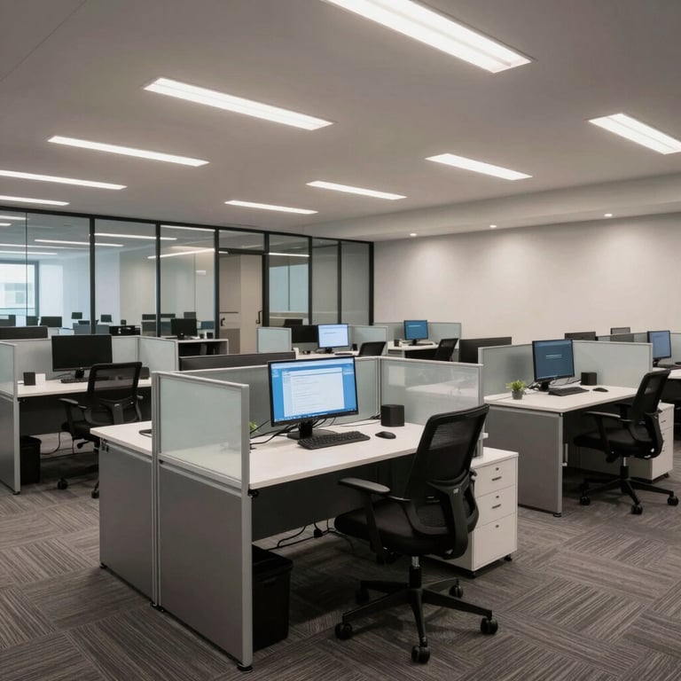 Wide shot of a professional North American tech center with sleek desks and glass partitions.