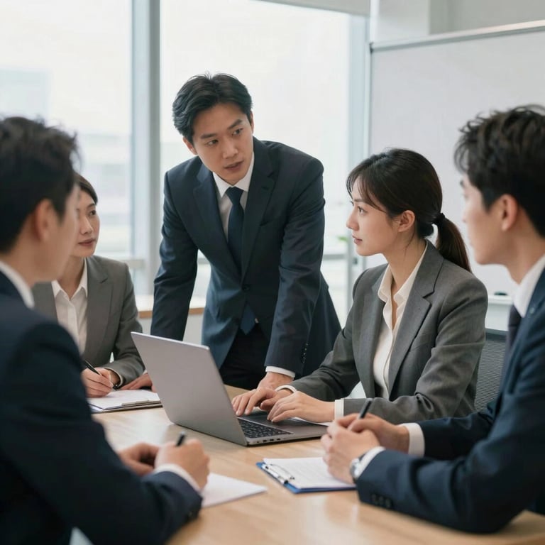 A group of professional colleagues in business attire discussing strategy in a bright North American office.