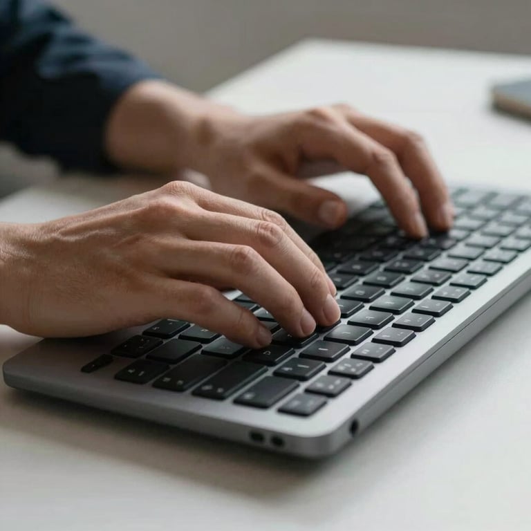 Close-up of hands typing on an ergonomic keyboard in a minimalist office setting.