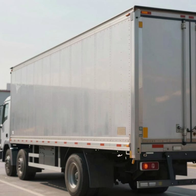 A close-up of a freight trailer with a sleek metallic finish under industrial lighting, emphasizing reliability and strength.