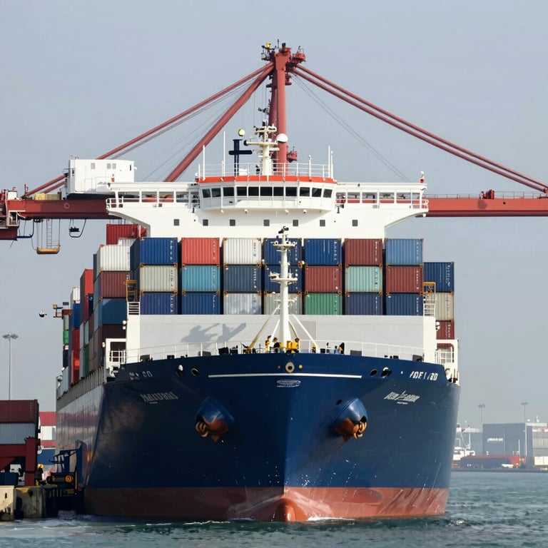 A large container ship at a modern port terminal, highlighting global scale and precision logistics, featuring #0F1C2D and #7A92A0.