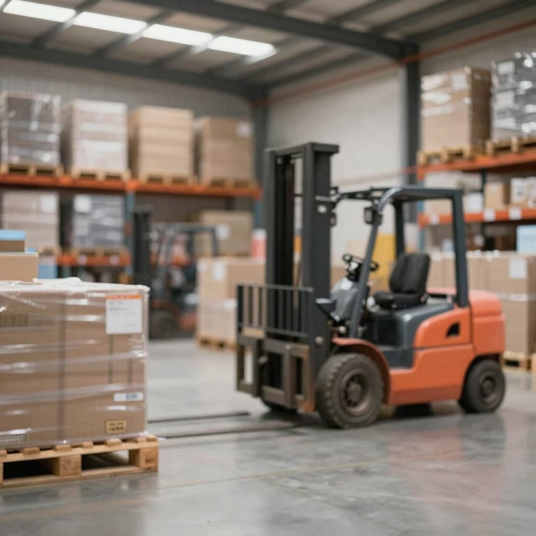 A modern warehouse interior with organized pallets and forklift activity, clean and efficient atmosphere.