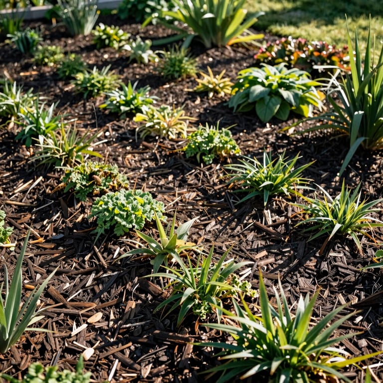Lush garden bed in Calgary with neat mulch and zero weeds under bright morning sun.