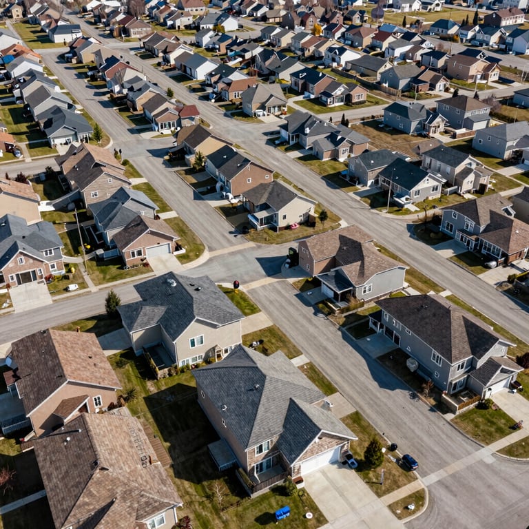 Aerial view of a clean, well-maintained residential property in a Calgary suburb.