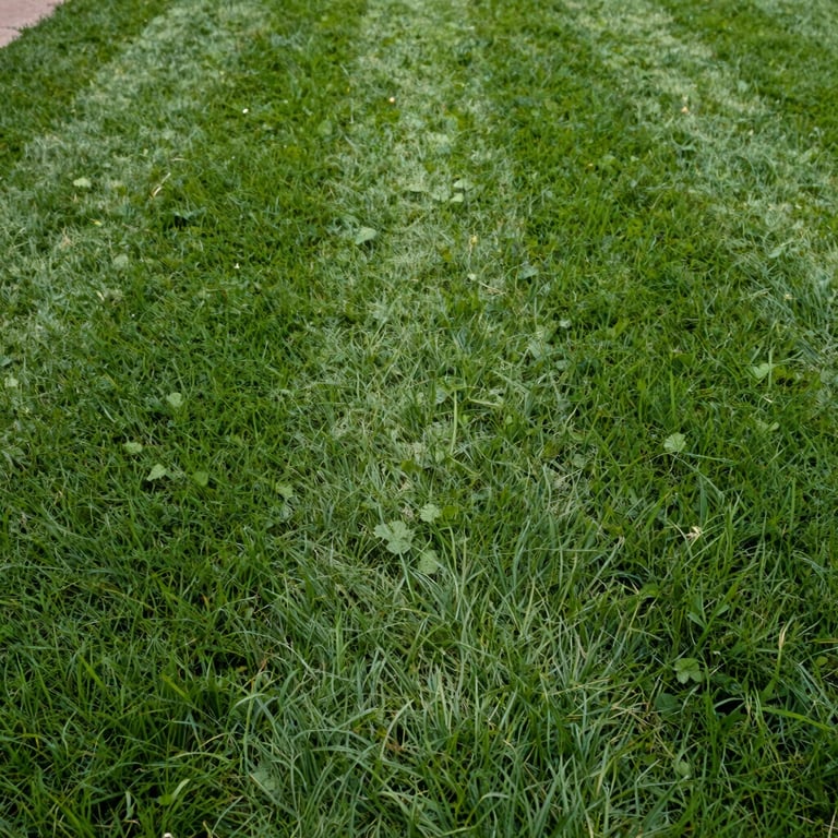Close-up of perfectly striped green lawn after professional mowing in a North American backyard.