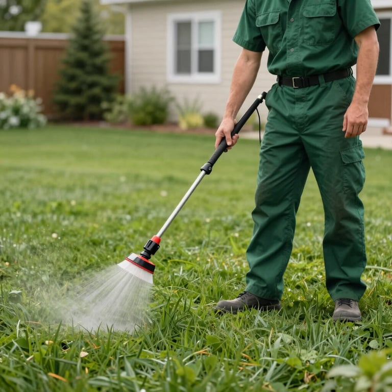 A technician in a green uniform applying lawn treatment to a healthy green yard in Canada.