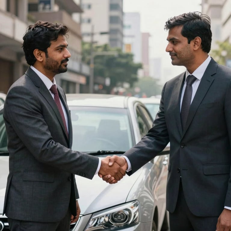 Two professionals in smart business attire shaking hands by a car in a South Asian / Indian city, representing trust and a successful commute.