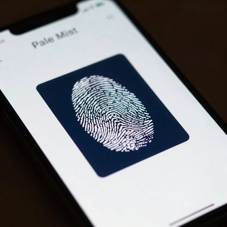 A close-up of a smartphone screen showing a biometric fingerprint scan interface with a high-tech Pale Mist and Deep Navy glow.