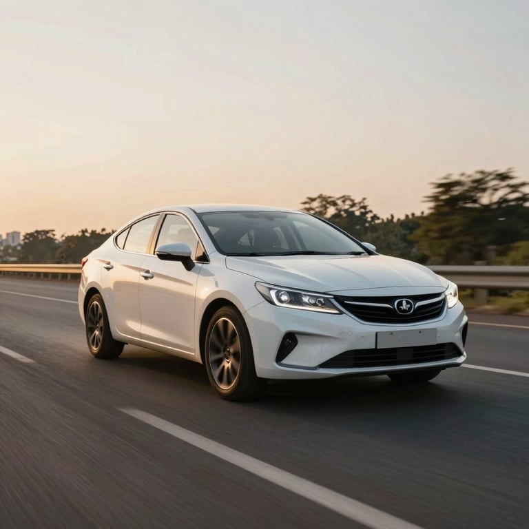 A modern white sedan driving smoothly along a wide highway in a South Asian / Indian metropolis at sunset, cinematic lighting.