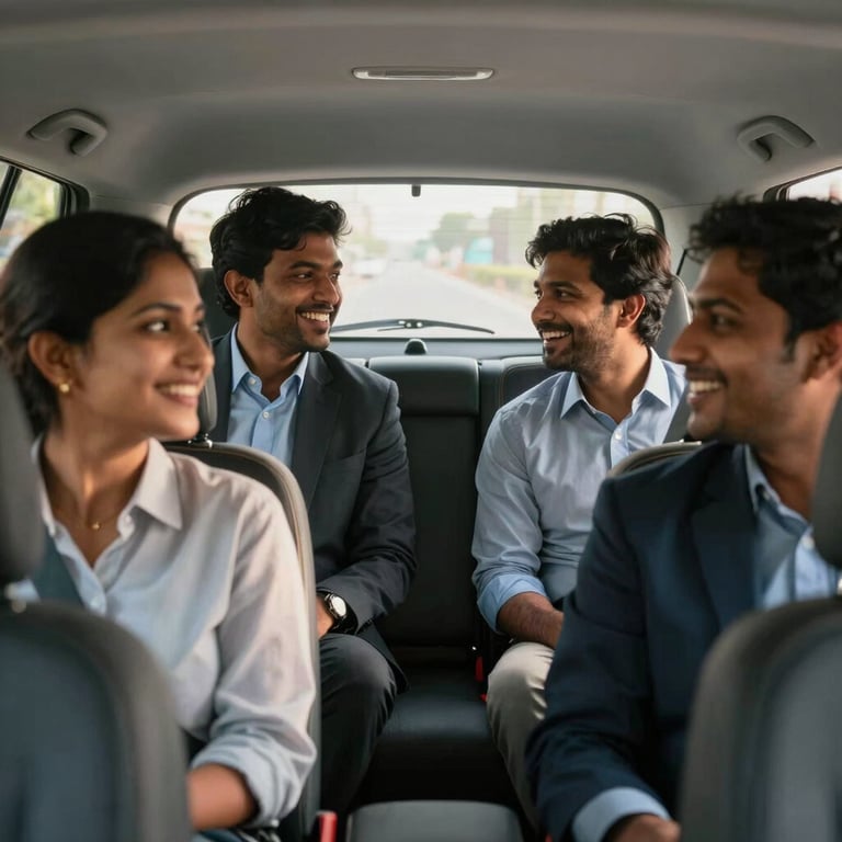 A group of diverse professionals laughing and talking while carpooling in a South Asian / Indian tech hub, soft morning light through car windows.