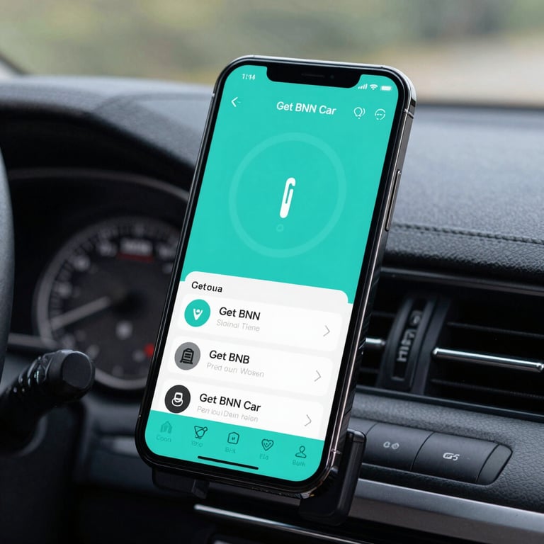 A dashboard-mounted smartphone displaying the Get BNB Car app navigation, sleek and user-friendly interface in an Ocean Teal theme.