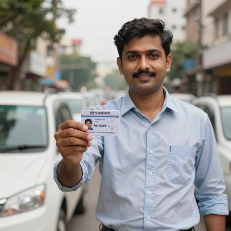 A verified driver showing a commercial permit ID card in a professional South Asian / Indian urban setting, bright daylight, confident expression.