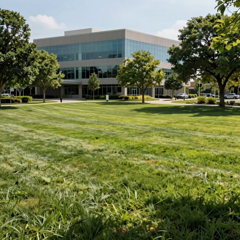 Wide shot of a healthy commercial landscape at a North American office park, vibrant green grass and trees.