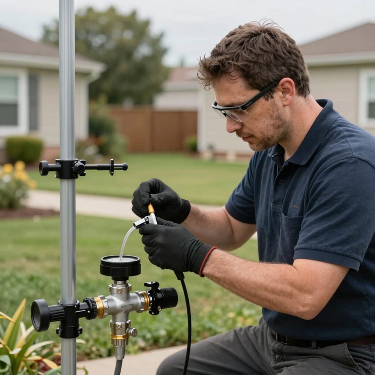A technician performing a backflow test on a professional assembly in a suburban North American yard.