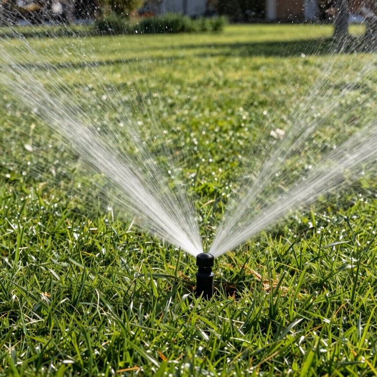 A lush North American lawn with modern sprinkler heads distributing water evenly during a bright morning.