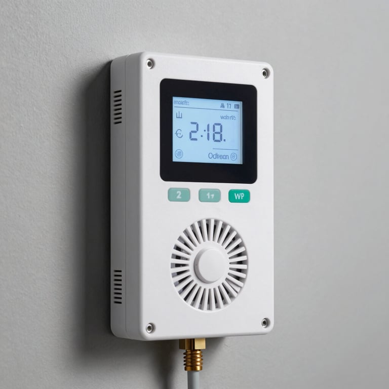 A smart irrigation controller mounted on a wall with a digital display showing water-saving statistics.