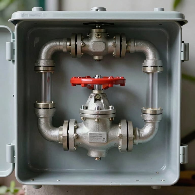 A tidy installation of an irrigation valve box showing clean plumbing work and professional organization.