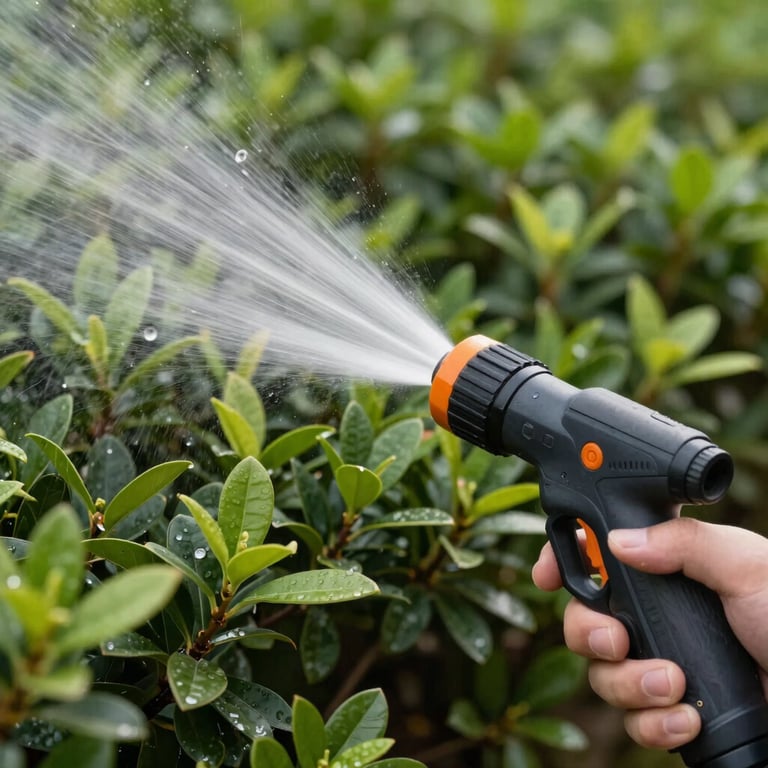 A close-up of a high-efficiency rotary nozzle spraying water on green shrubs, professional irrigation photography.