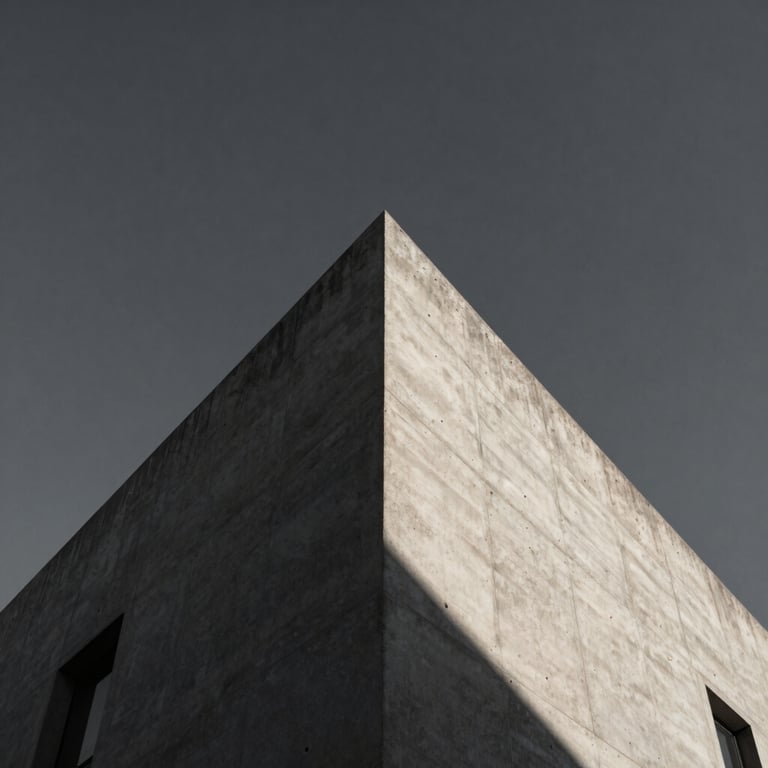 High-contrast architectural photograph of a modern concrete building corner against a clear dark gray sky, dramatic geometric shadow, cold lighting.