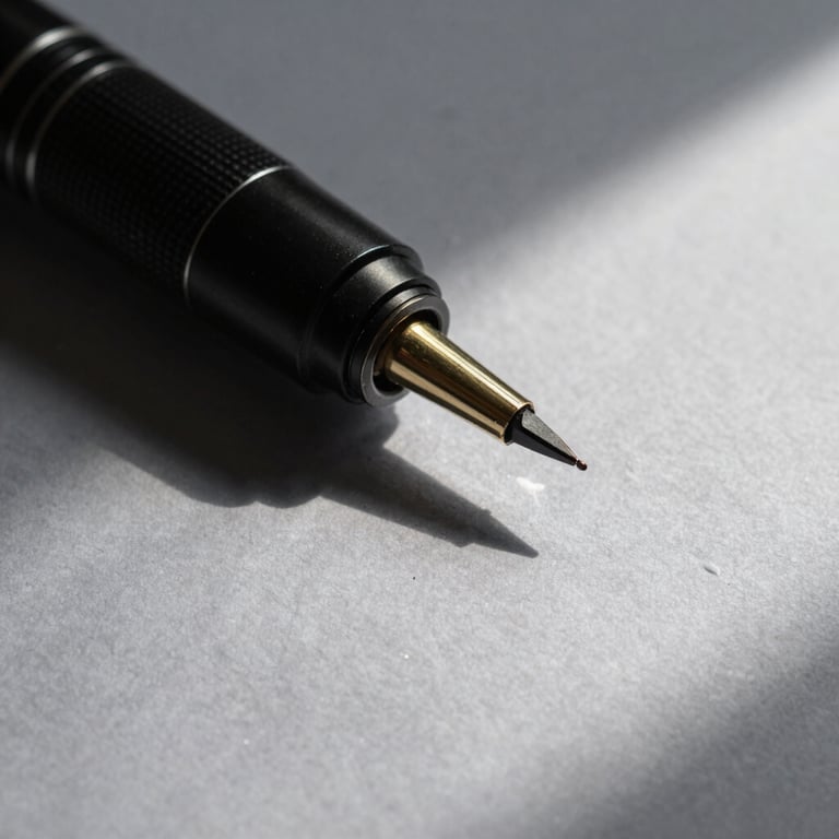 Plano detalhe de uma caneta tinteiro clássica sobre papel texturizado cinza, iluminação natural lateral fria com sombras geométricas nítidas.