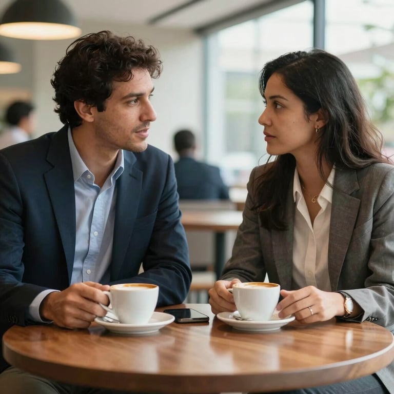 A pair of business associates discussing market trends over coffee in a bright, modern corporate lounge in Brazil.