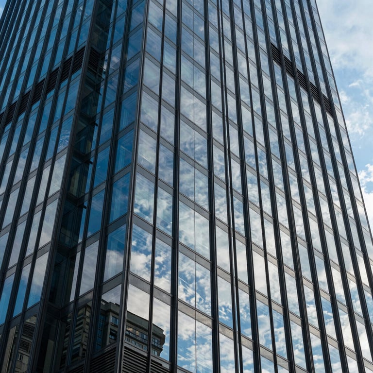 A modern commercial skyscraper facade with large glass windows reflecting a blue South American sky.