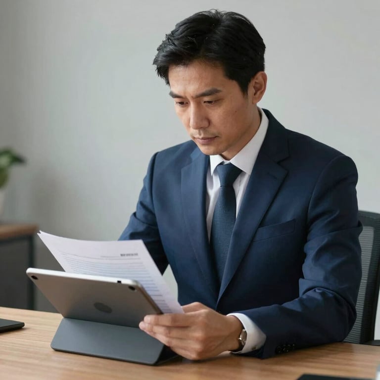 A professional man in a navy blue suit reviewing documents on a tablet in a minimalist office setting, serious and focused atmosphere.
