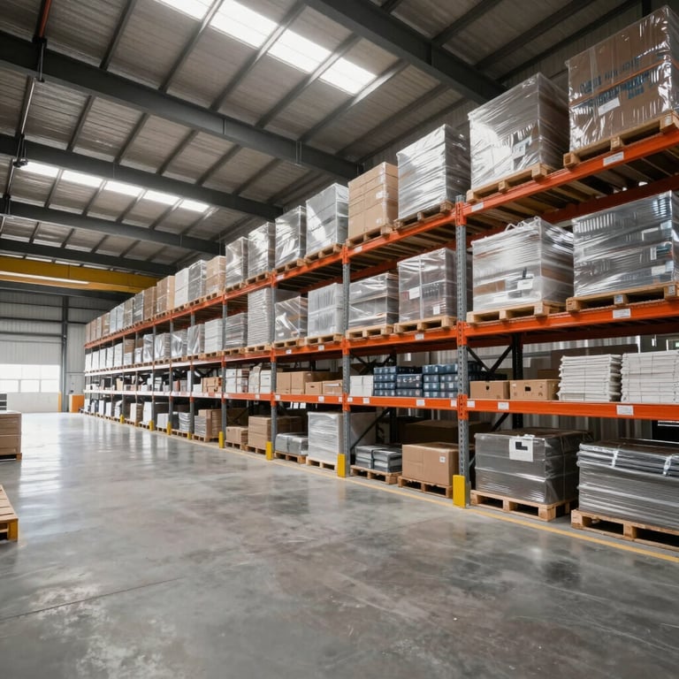 A wide angle shot of a clean, modern warehouse interior with high ceilings and structured shelving.