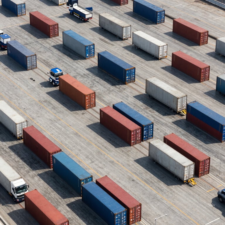 An aerial view of a organized logistics hub with shipping containers and trucks, symbolizing commerce and movement, bright day lighting.