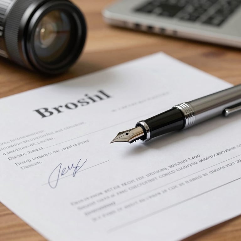 Detail of a fountain pen resting on a signed commercial contract on a wooden desk, soft natural lighting, Brazilian office context.