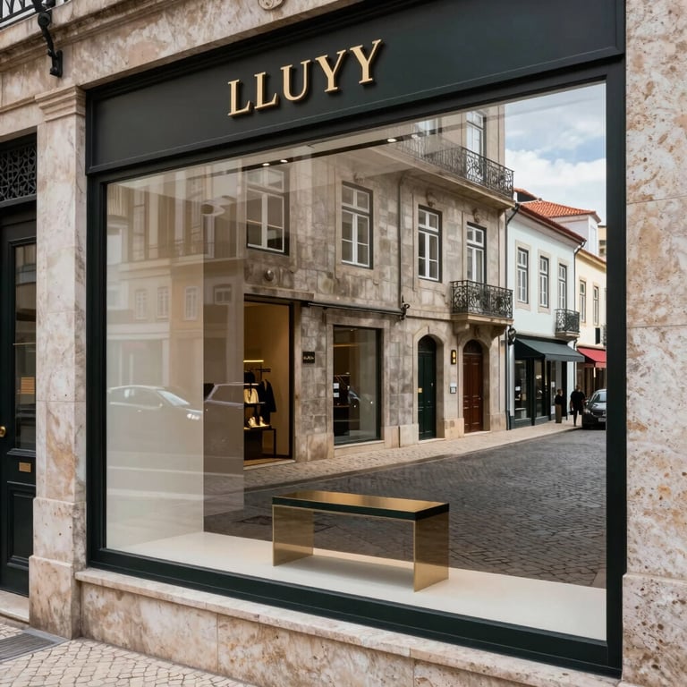 A stylish urban view of a historic Portuguese street seen through a modern glass window of a luxury agency.