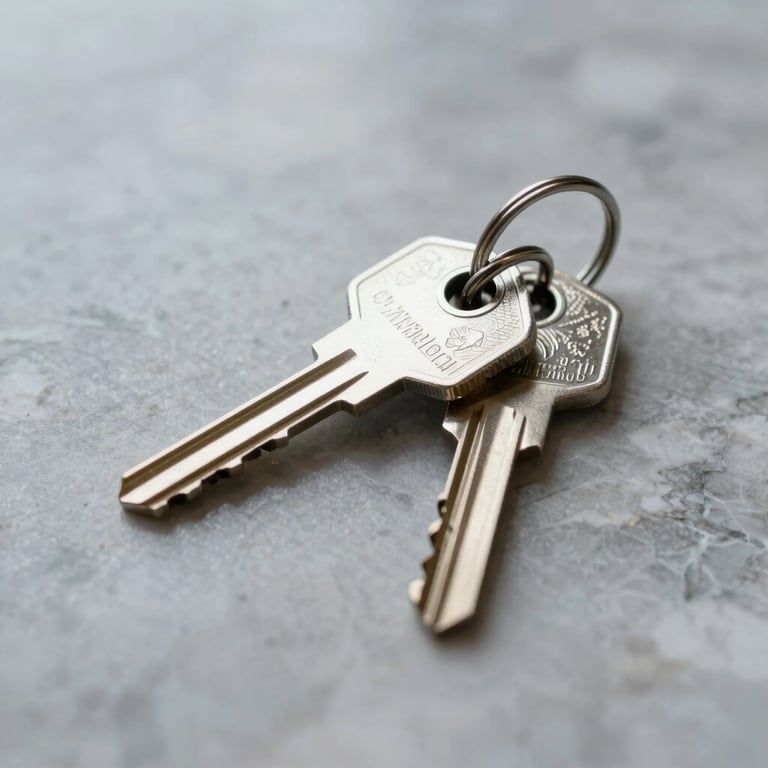 A pair of high-end house keys resting on a marble surface with soft slate gray reflections.
