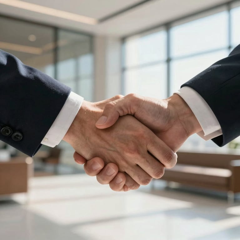 Close up of a professional handshake in a sunlit, sophisticated office lobby in Portugal.