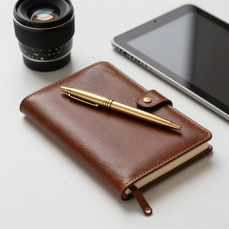 Financial advisor's desk with a leather notebook, gold pen, and elegant tablet in a clean professional setting.