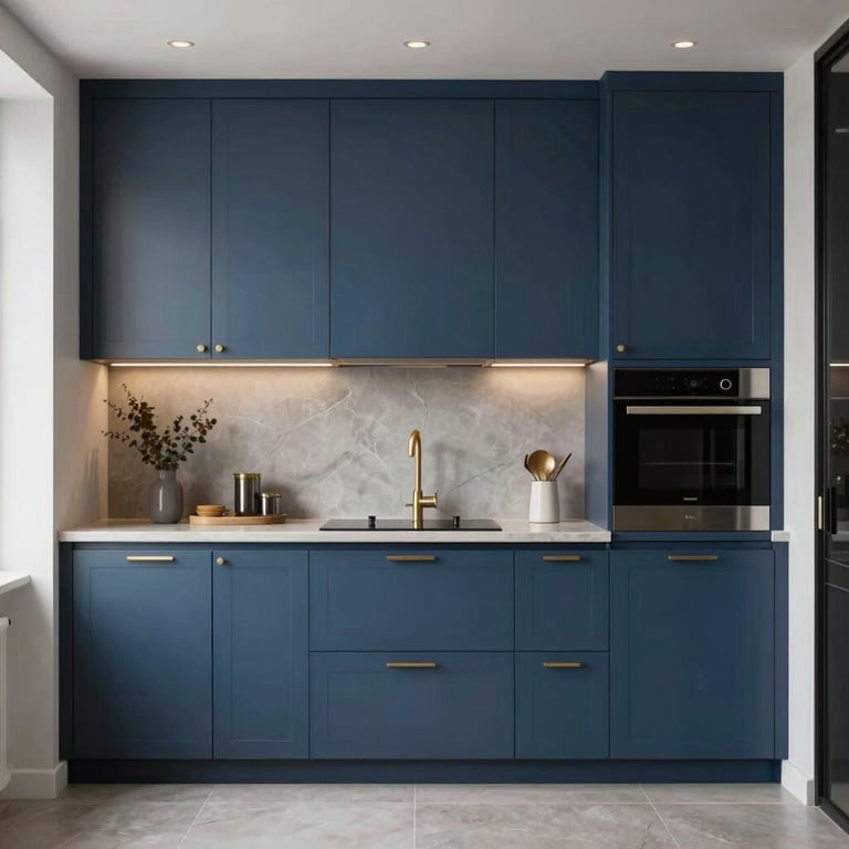 Modern minimalist kitchen in a European Portuguese luxury apartment with midnight blue cabinets and gold hardware.