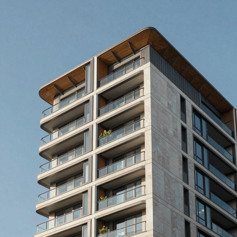 Exquisite architectural detail of a new real estate development in Lisbon under a clear blue sky.