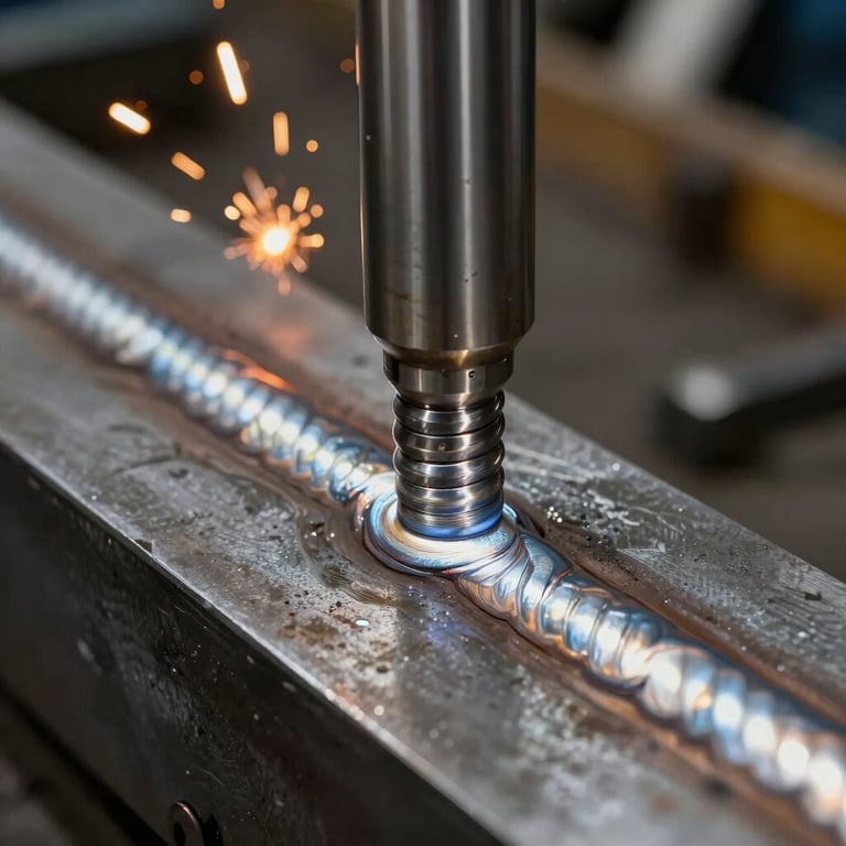 Macro close-up of a high-precision certified metallurgical weld on heavy steel plate, sparks visible in the background, industrial setting.