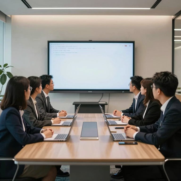 A team of professionals in a collaborative meeting room with a large screen in a modern US office park.