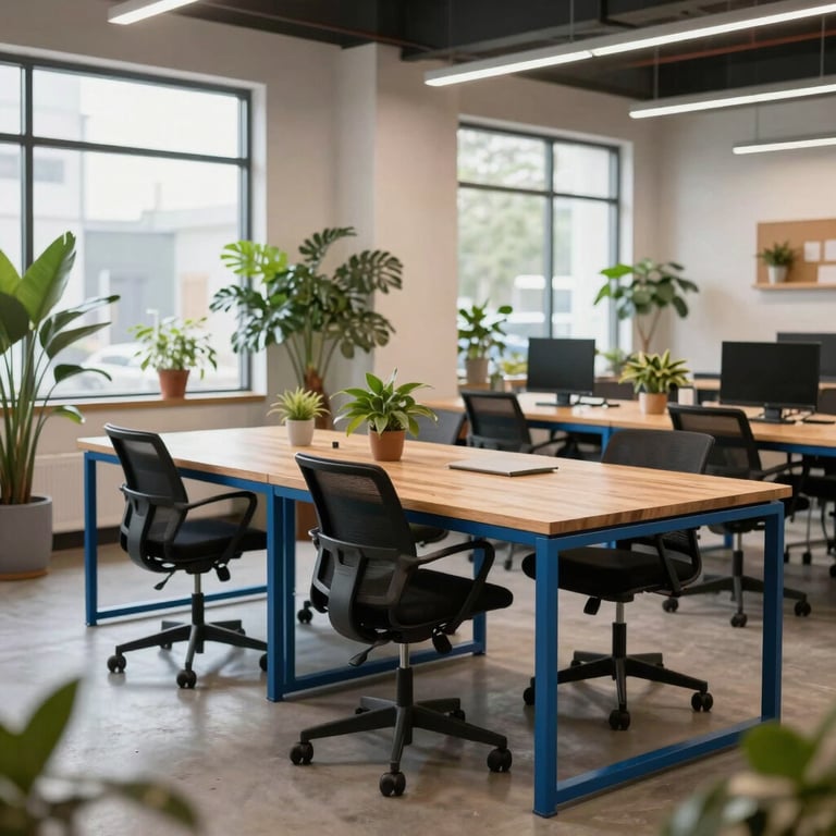 A bright, airy co-working space in North America with indoor plants and modern steel blue wooden desks.