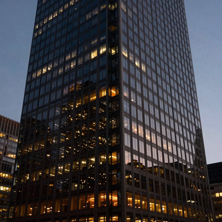 A high-rise office building in a major US city at dusk, reflected in glass windows with dark navy and orange lighting.