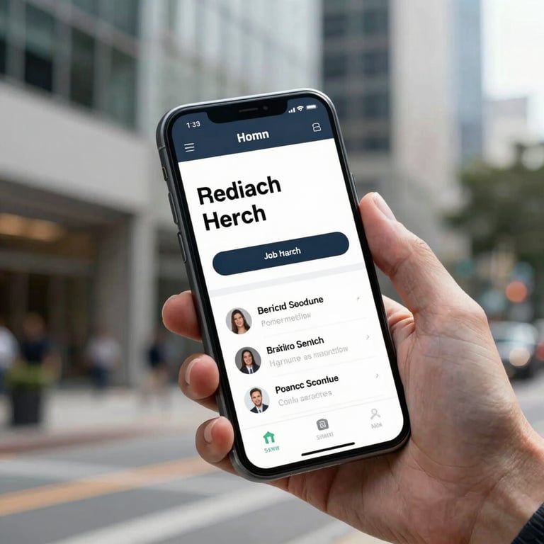 A sleek smartphone showing a professional job search app interface held by a hand in a modern US urban setting.