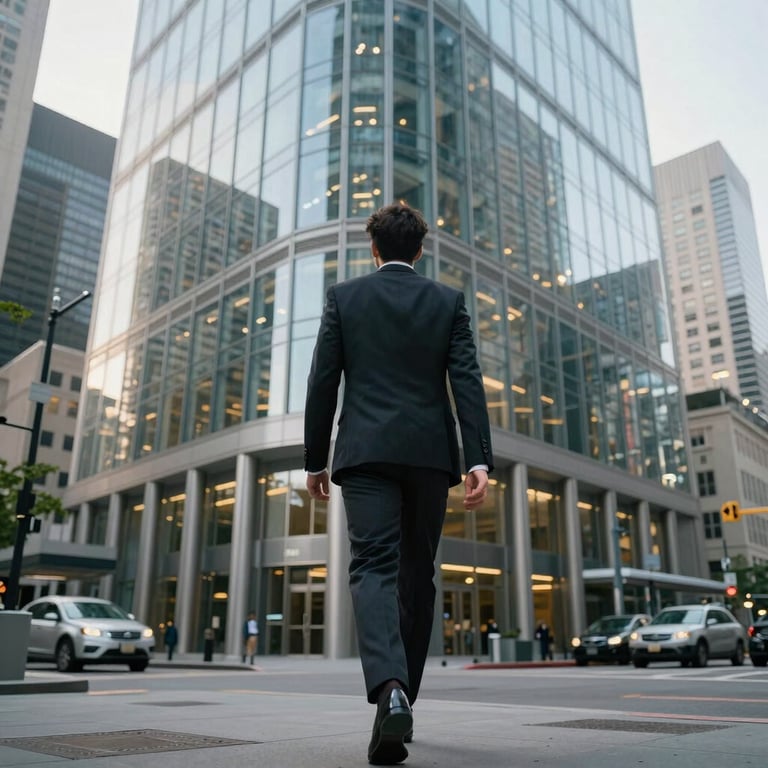 A person in professional attire walking confidently toward a modern glass office building in a bustling North American city.